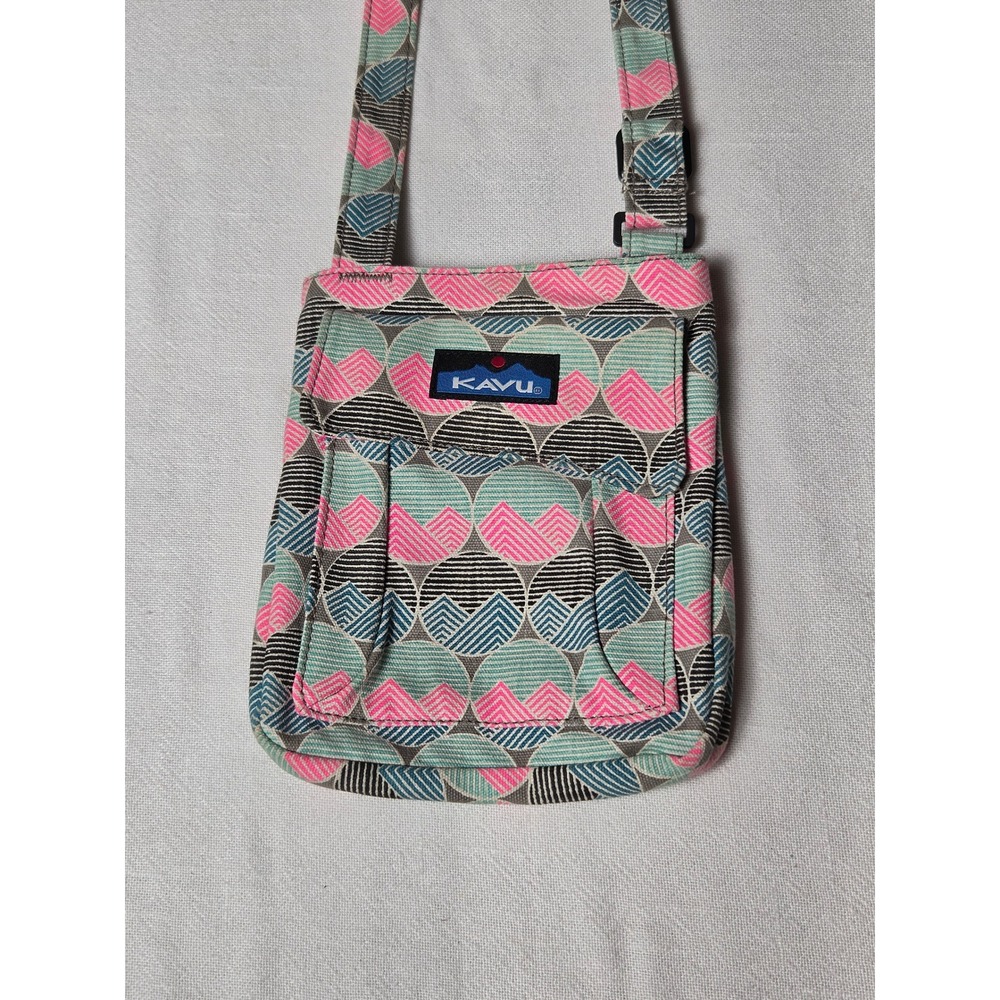 KAVU Keeper Crossbody Bag Geometric Mountain Print Pink Teal Canvas Travel Purse